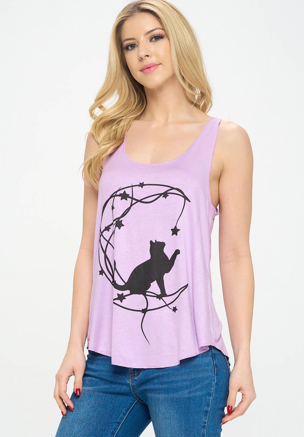 Cat With Moon Print Graphic Tank Top